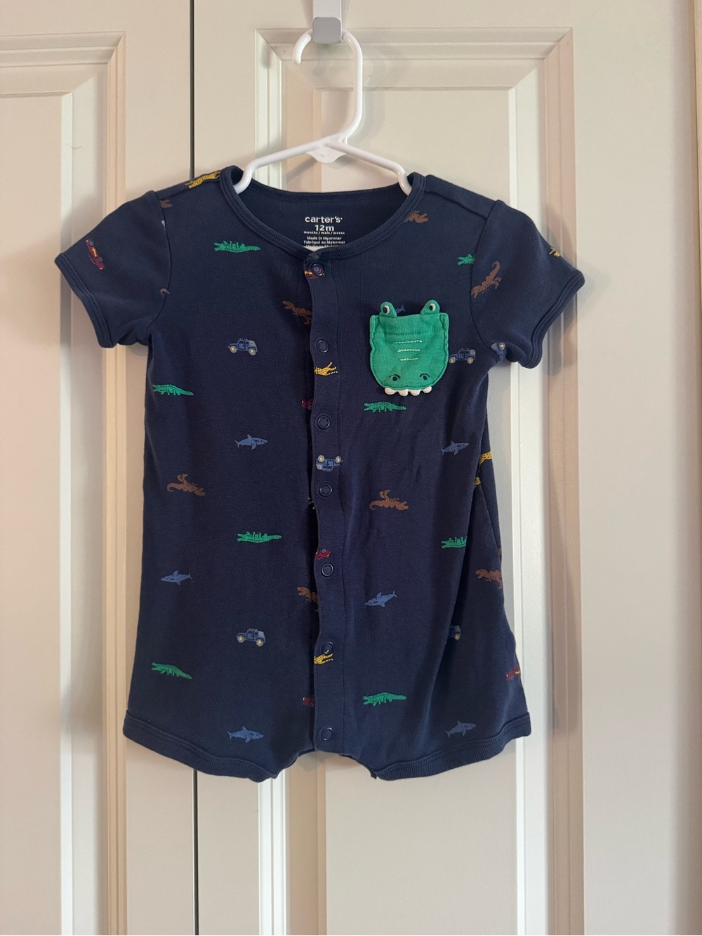 Carter's Navy Short-Sleeve Romper with Green Alligator Pocket